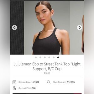 Lululemon Ebb to Street Tank Top *Light Support, B/C Cup
Black size 8